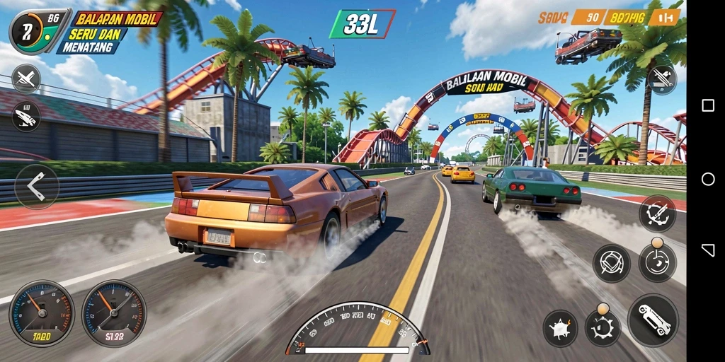 Screenshot gameplay 33L menampilkan aksi balapan yang mendebarkan.