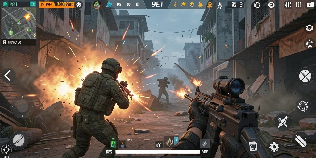 Screenshot gameplay mendebarkan di 9ET dengan aksi tembak-menembak intens.