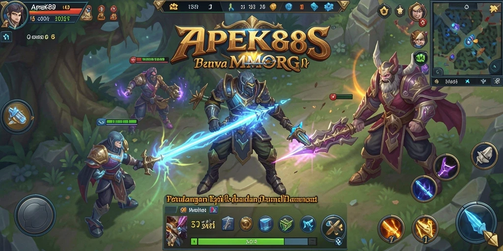 Screenshot APEK88 menampilkan pertempuran epik antara karakter utama dan monster raksasa.