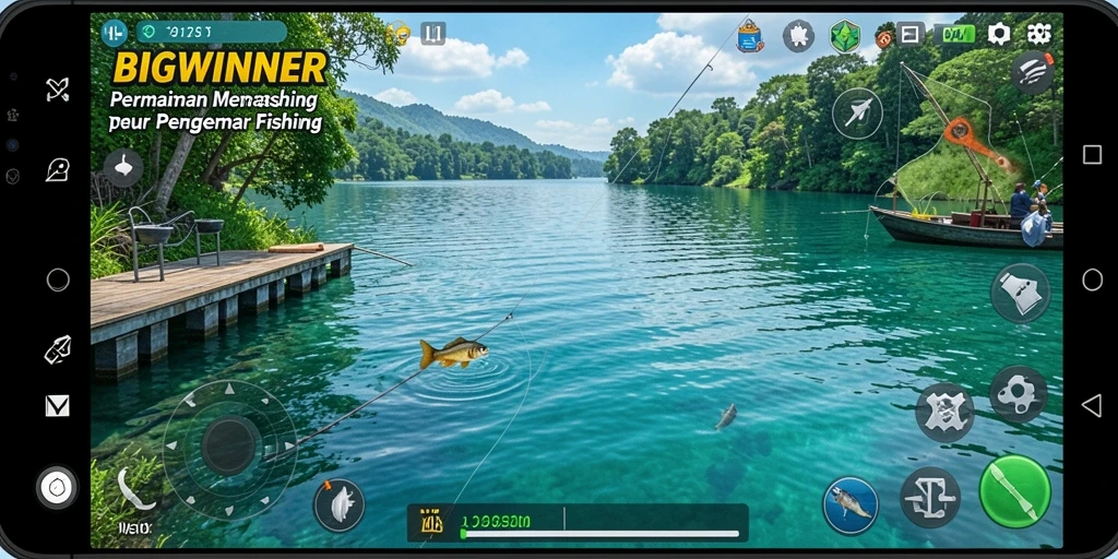 Screenshot gameplay BIGWINNER menampilkan aktivitas memancing yang seru dan menantang.