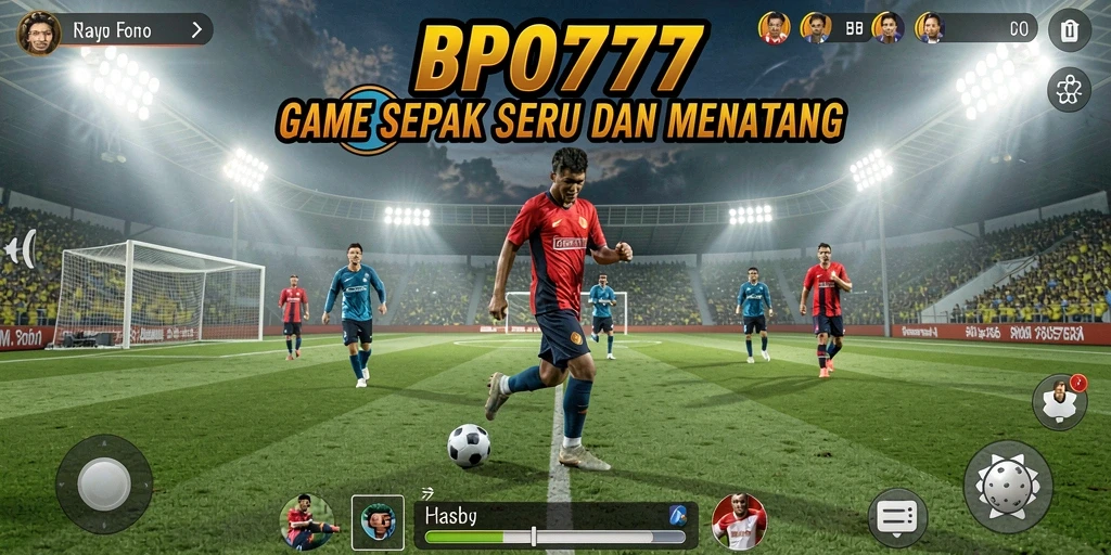 Screenshot gameplay BPO777 menunjukkan aksi seru di lapangan sepak bola.