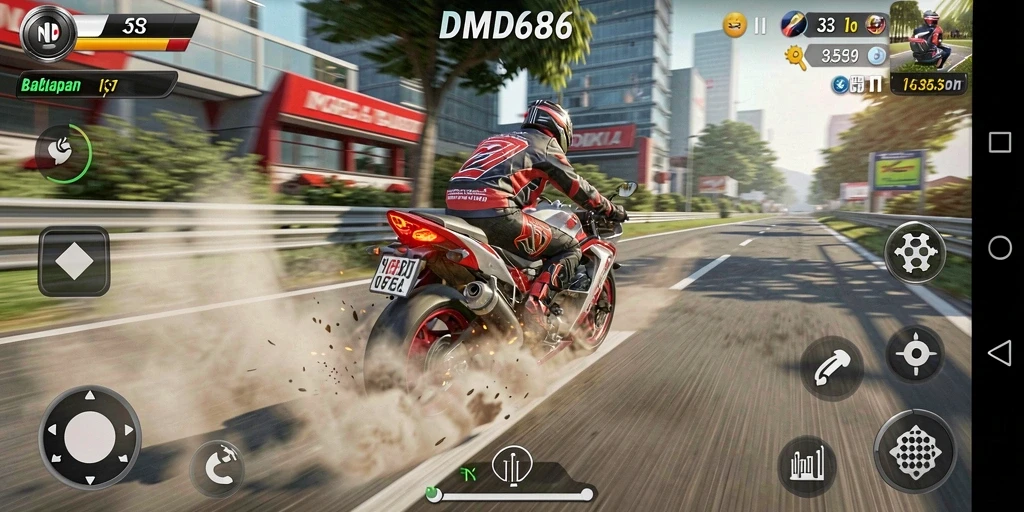 Screenshot DMD686 menampilkan aksi balapan motor yang seru.