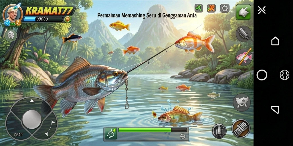 Tangkapan ikan besar dalam permainan KRAMAT77 yang menampilkan gameplay Fishing.