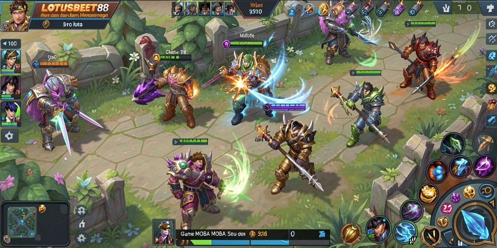 Tangkapan layar utama LOTUSBET88 menampilkan aksi seru di arena pertarungan MOBA.