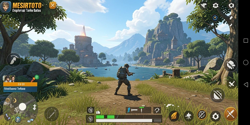 Tampilan gameplay MESIRTOTO di dunia terbuka yang luas dan menakjubkan.