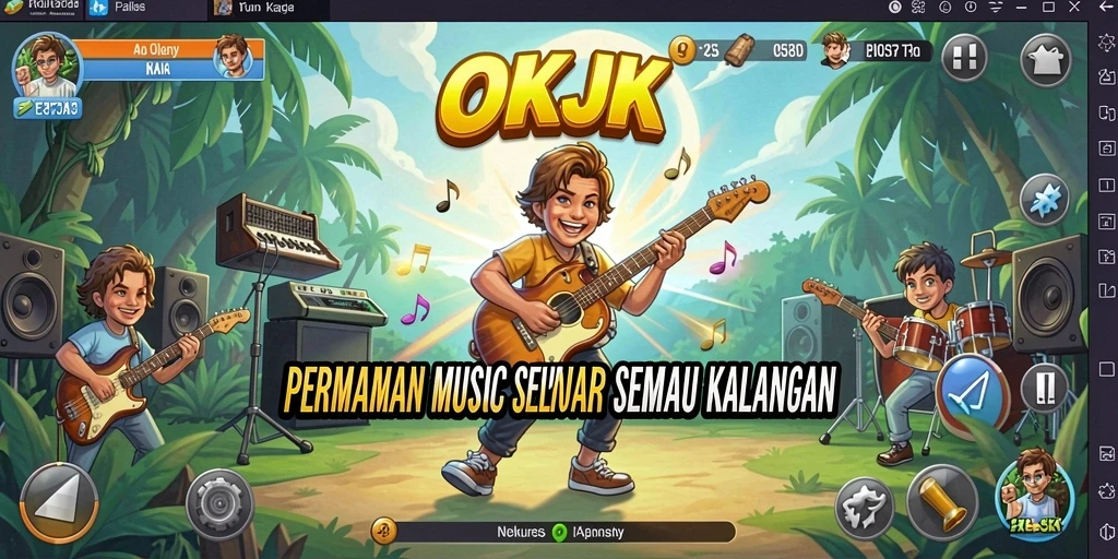 Screenshot utama OKJK yang menunjukkan antarmuka permainan musik yang menarik.