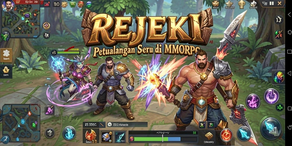 Tampilan screenshot utama REJEKI menampilkan aksi pertempuran seru di dunia MMORPG.