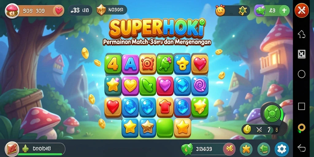 Tampilan gameplay SUPERHOKI dengan aksi match-3 yang seru.