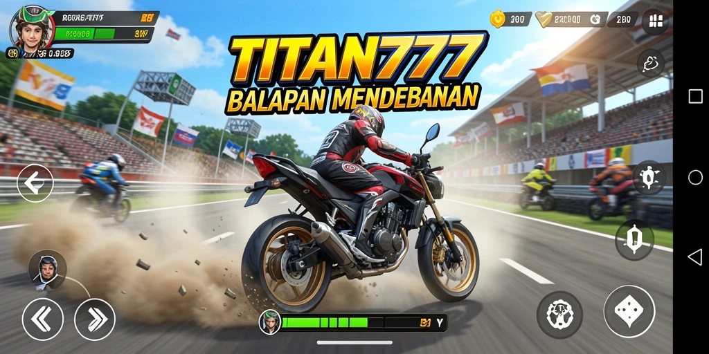 Gameplay seru di TITAN777 dengan balapan motor yang mendebarkan.