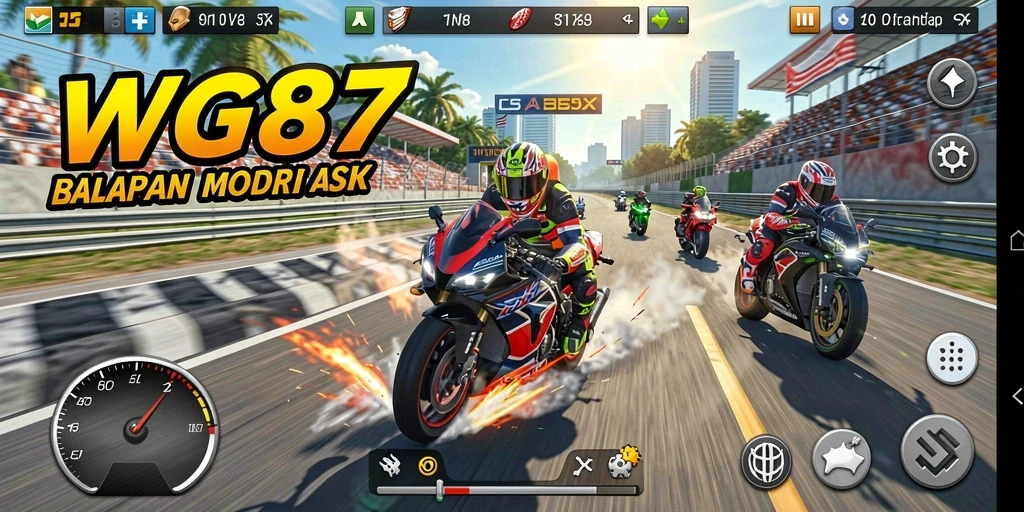 Tampilan gameplay seru dari WG87 dengan aksi balapan motor yang intens.